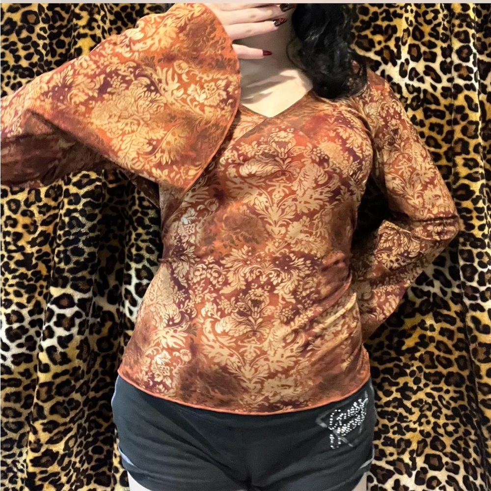 Route 66 Asymmetrical Fitted Blouse in Brown and Gold